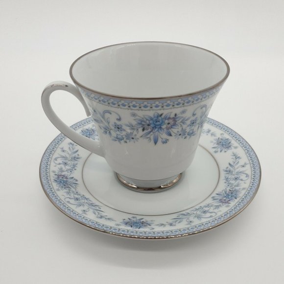 Cup Saucer Blue Hill 2482 Noritake China Tea Coffee Collection Silver Rim Blue - Picture 5 of 12